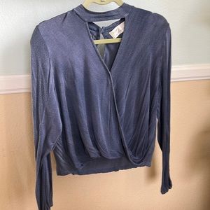 Long sleeve, soft, blue shirt with button back